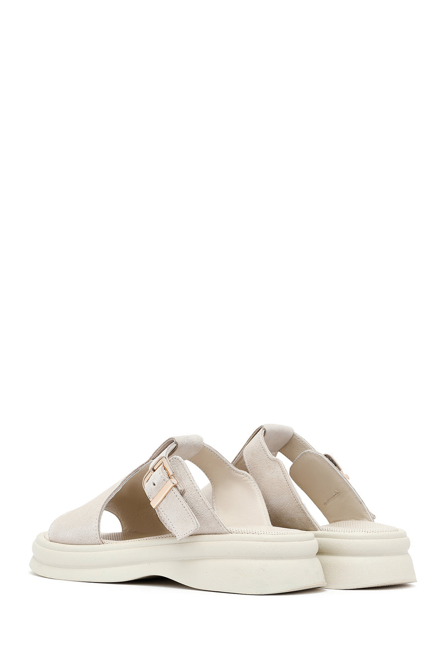 Women's Beige Buckle Suede Leather Slippers
