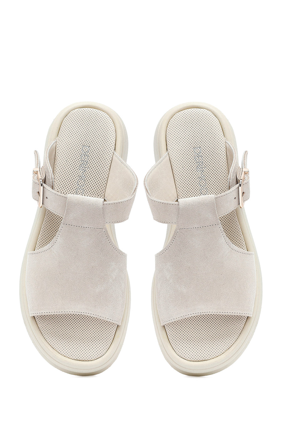 Women's Beige Buckle Suede Leather Slippers