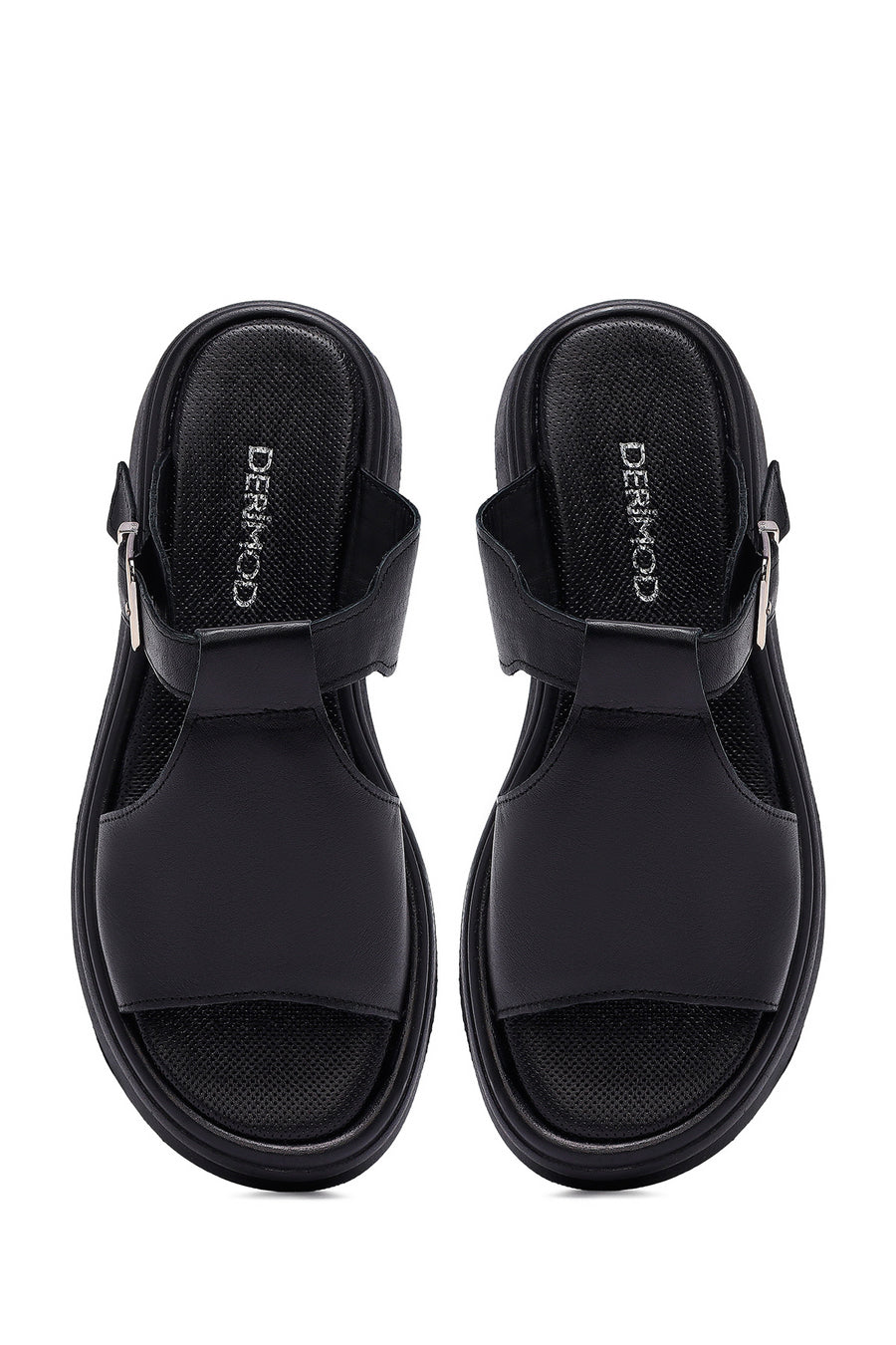 
Women's Black Buckled Leather Slippers
