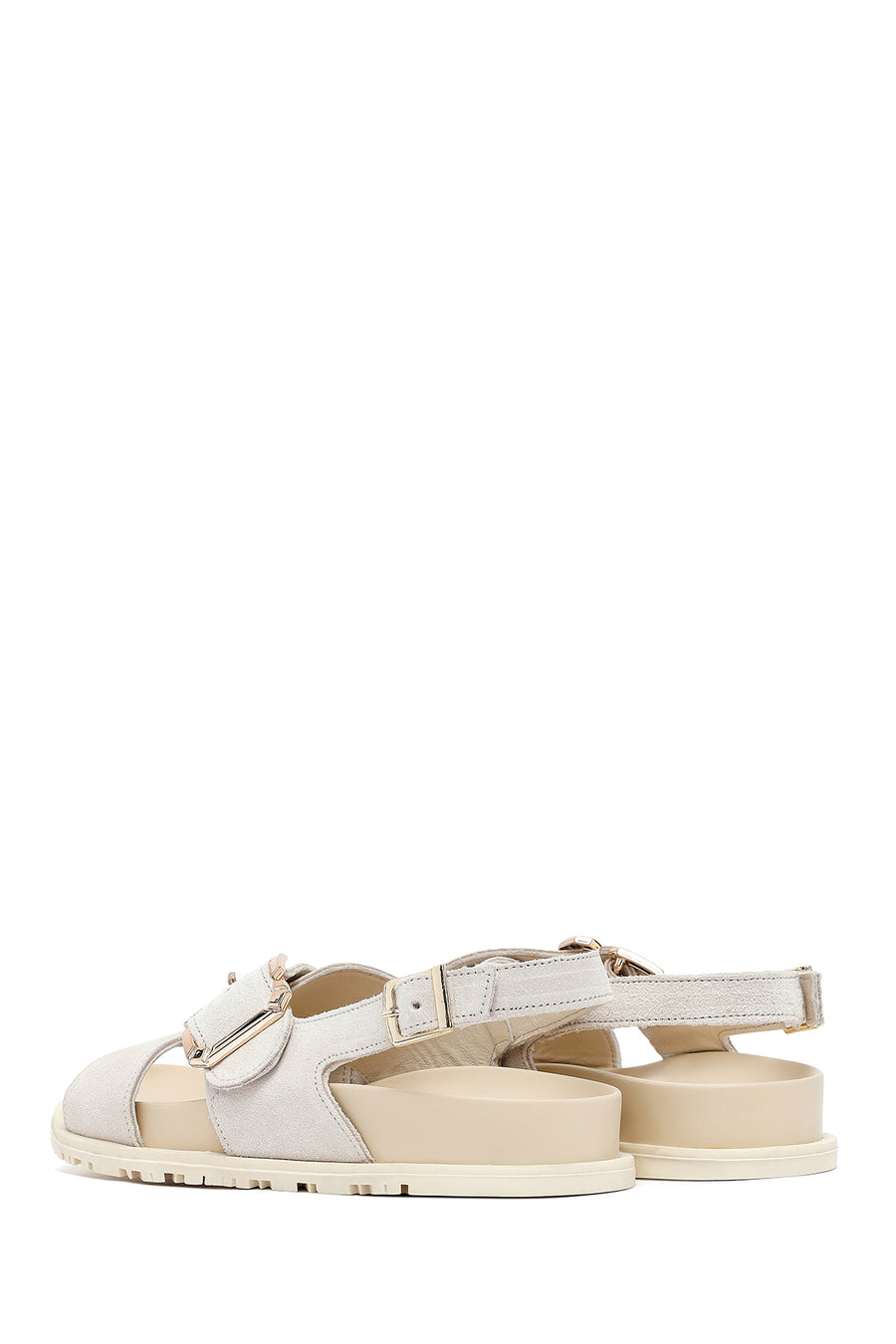 Women's Beige Buckled Suede Leather Sandals
