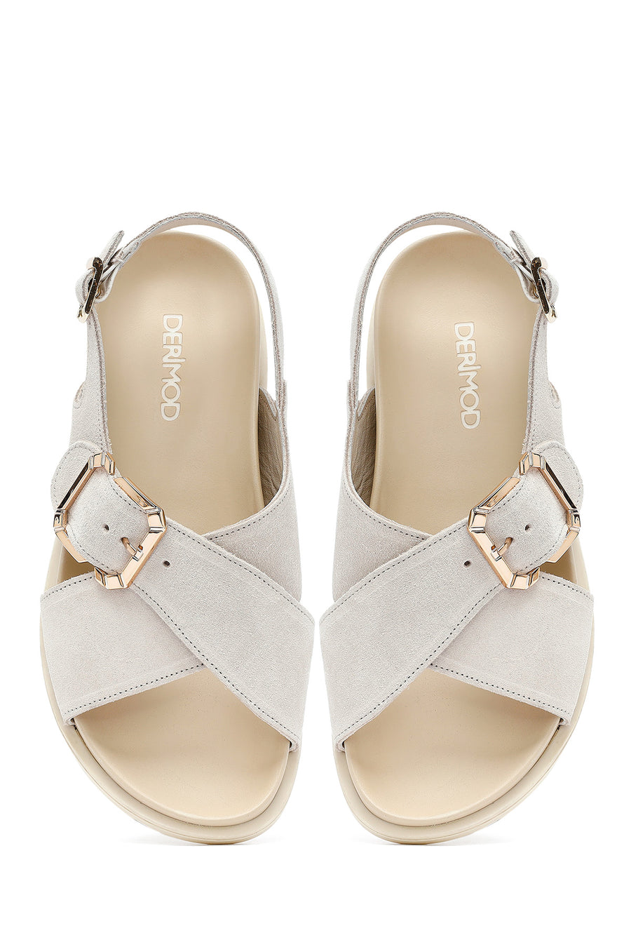 Women's Beige Buckled Suede Leather Sandals