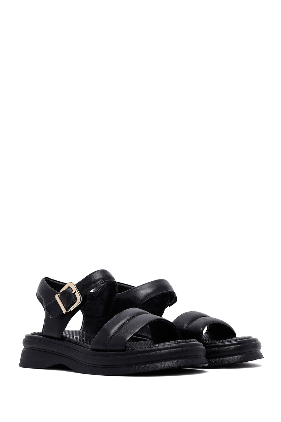 Women's Black Leather Ankle Buckle Sandals