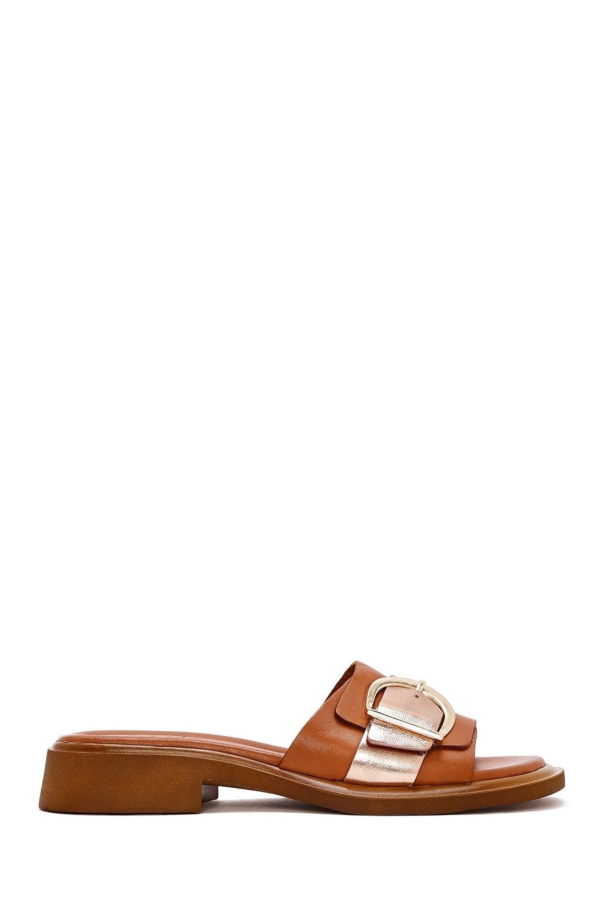 Women's Tan Buckle Leather Slippers 25SFD361414 | Derimod