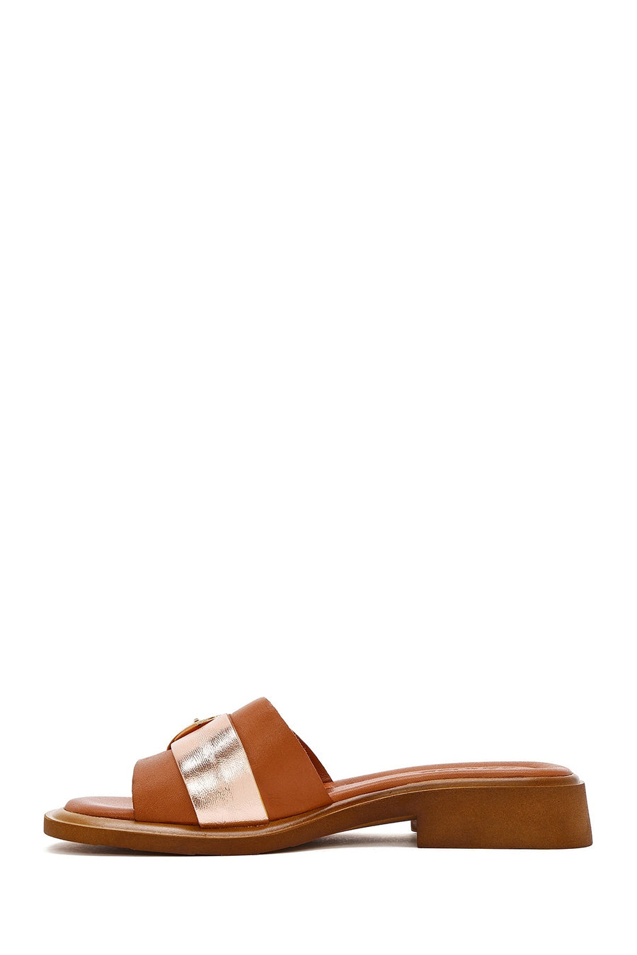 Women's Tan Buckle Leather Slippers