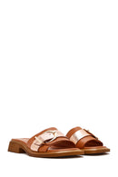 Women's Tan Buckle Leather Slippers | Derimod