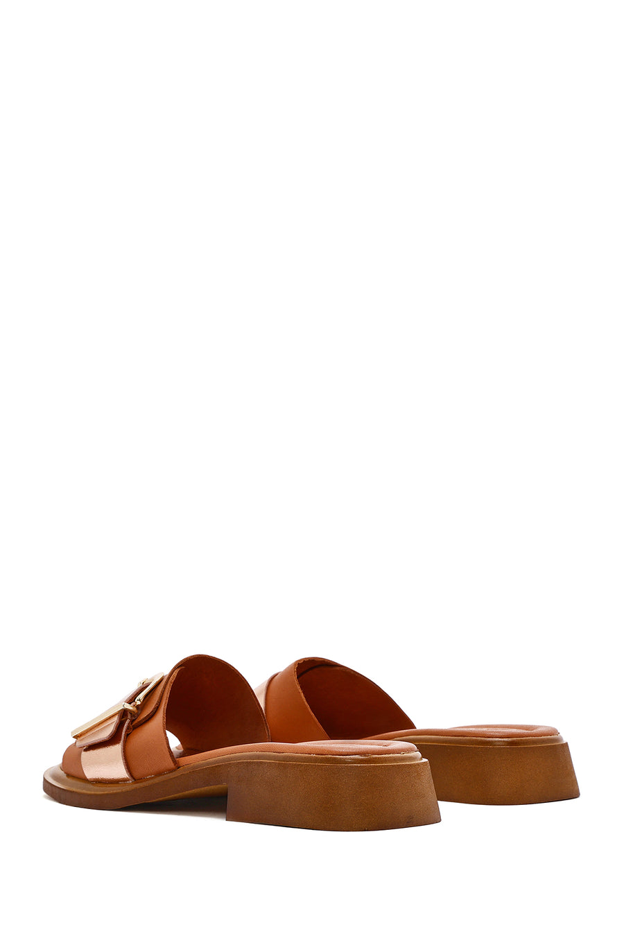 Women's Tan Buckle Leather Slippers