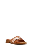 Women's Tan Buckle Leather Slippers | Derimod