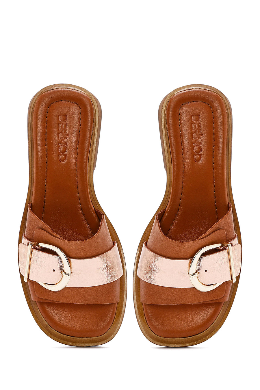 Women's Tan Buckle Leather Slippers
