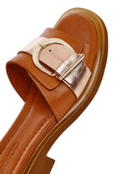 Women's Tan Buckle Leather Slippers | Derimod