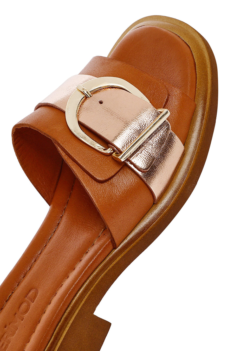 Women's Tan Buckle Leather Slippers