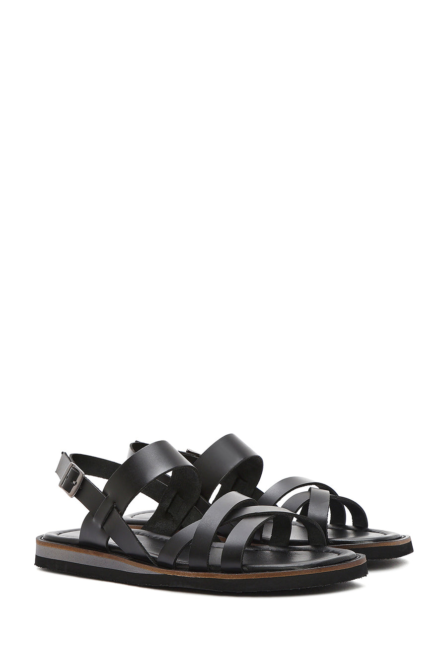 Women's Black Leather Ankle Buckle Sandals