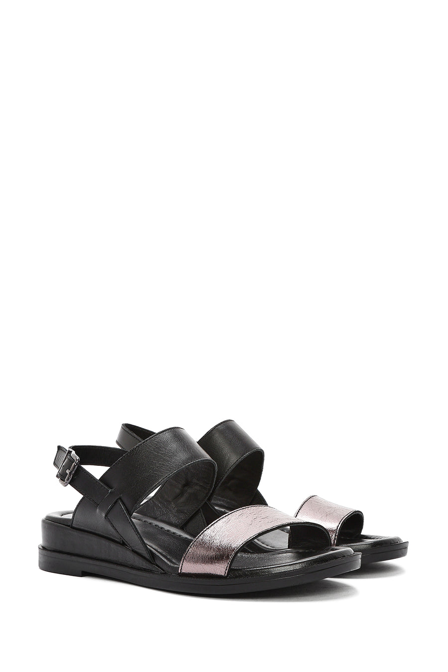 Women's Black Leather Ankle Buckle Sandals