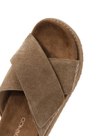 Women's Brown Strappy Thick Soled Suede Leather Slippers | Derimod