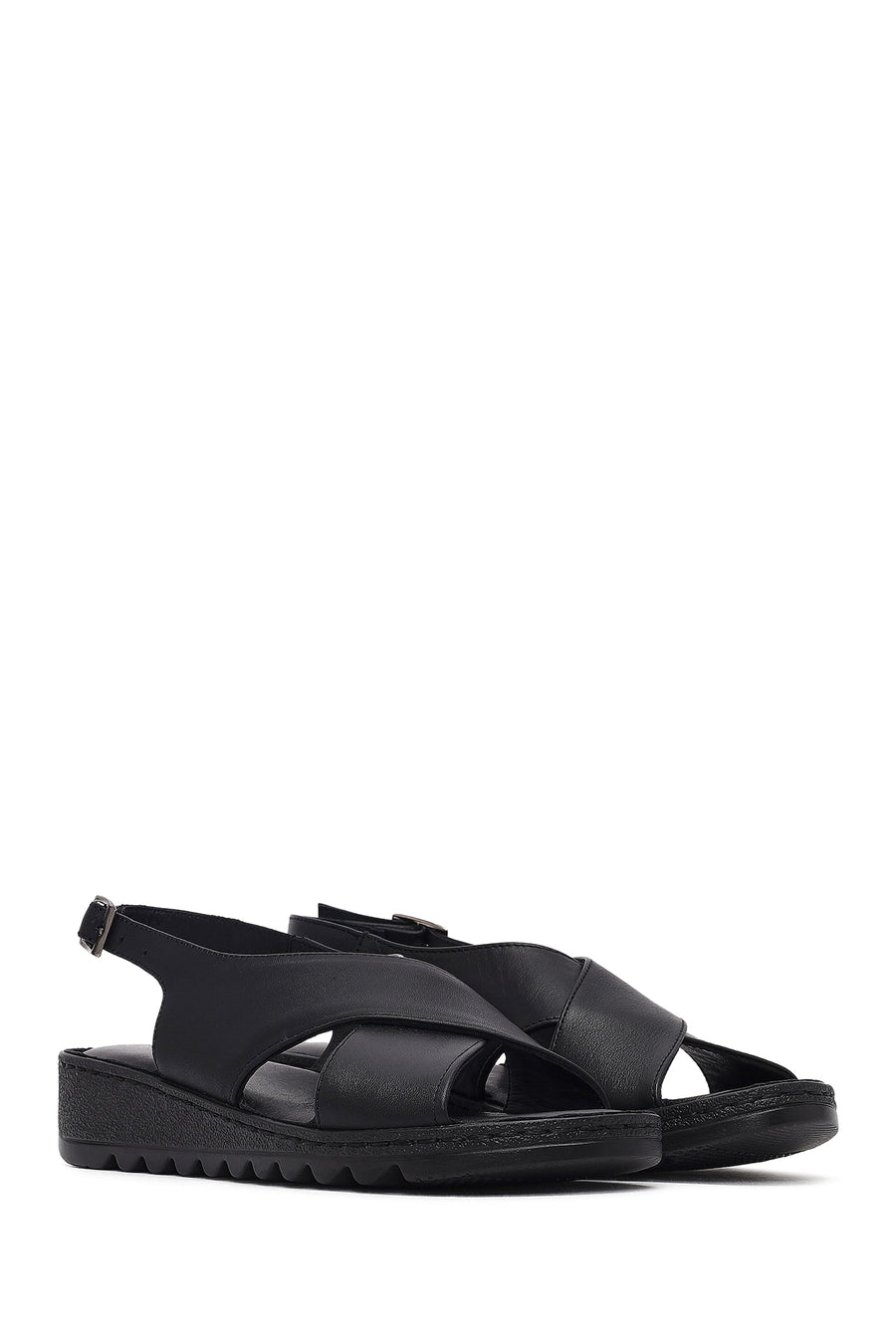 Women's Black Buckled Leather Comfort Sandal