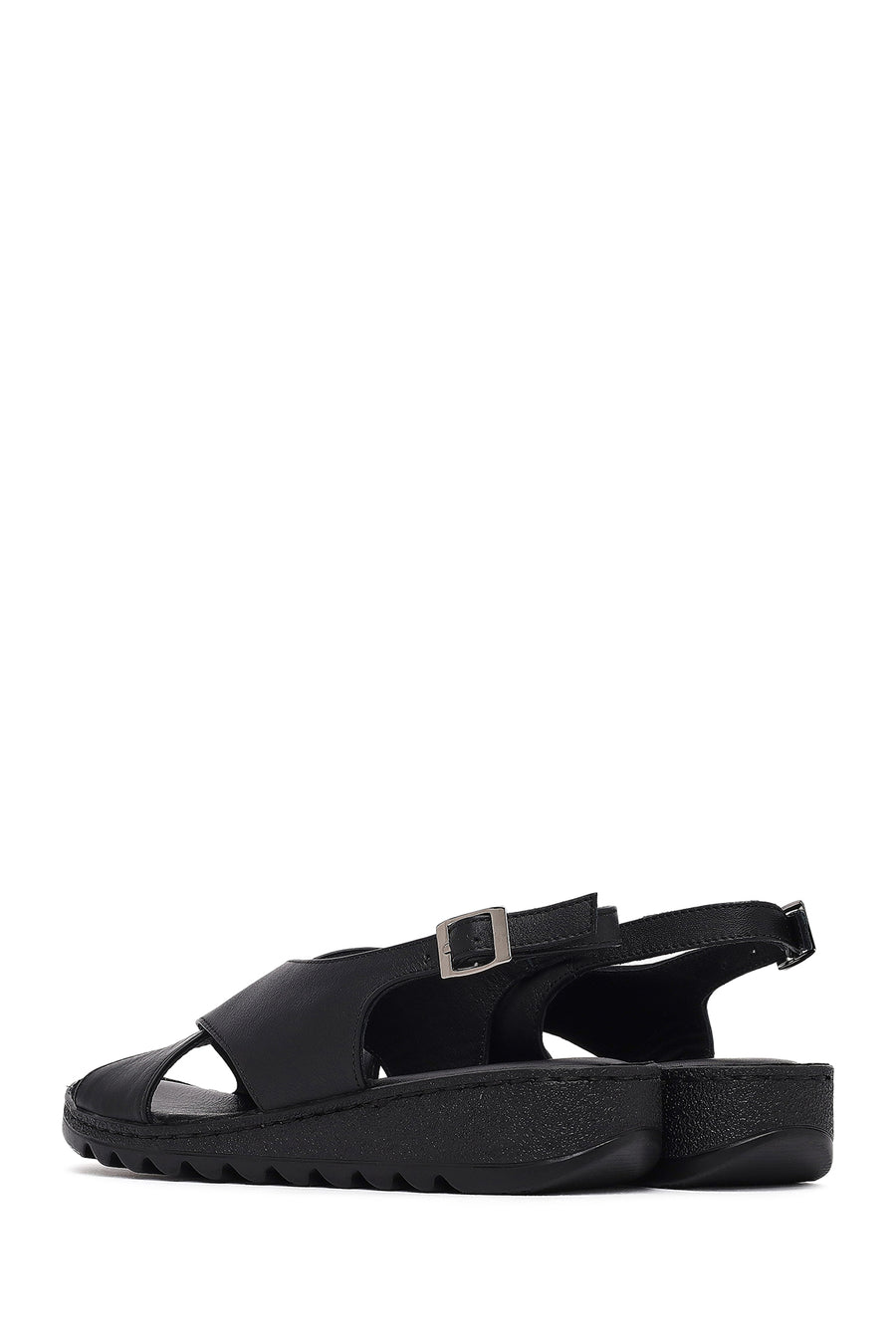 Women's Black Buckled Leather Comfort Sandal