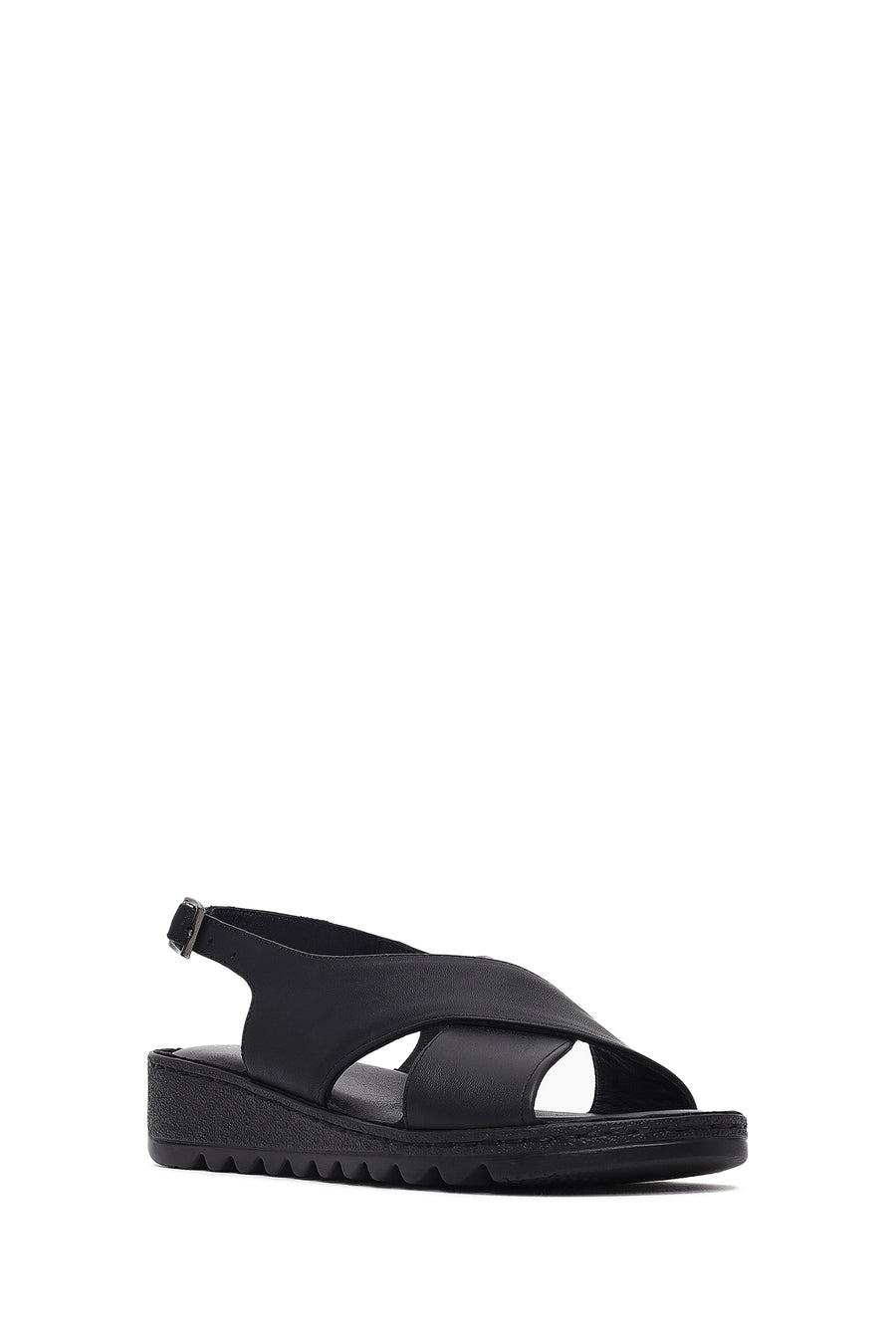 Women's Black Buckled Leather Comfort Sandal