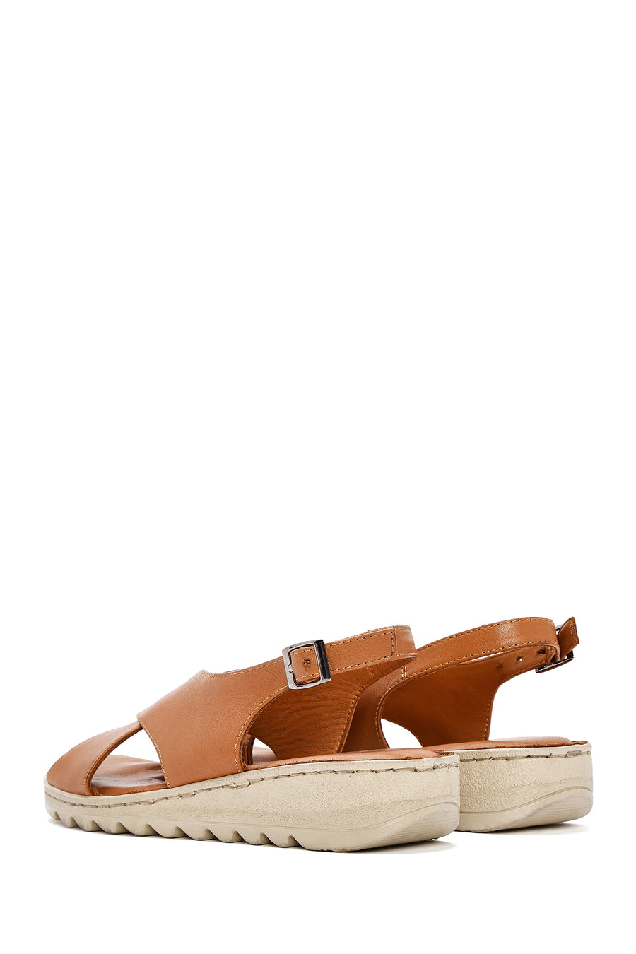 Women's Tan Buckled Leather Comfort Sandal