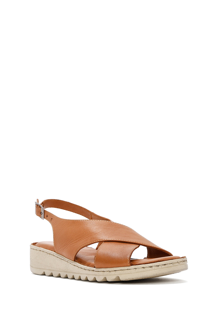 Women's Tan Buckled Leather Comfort Sandal
