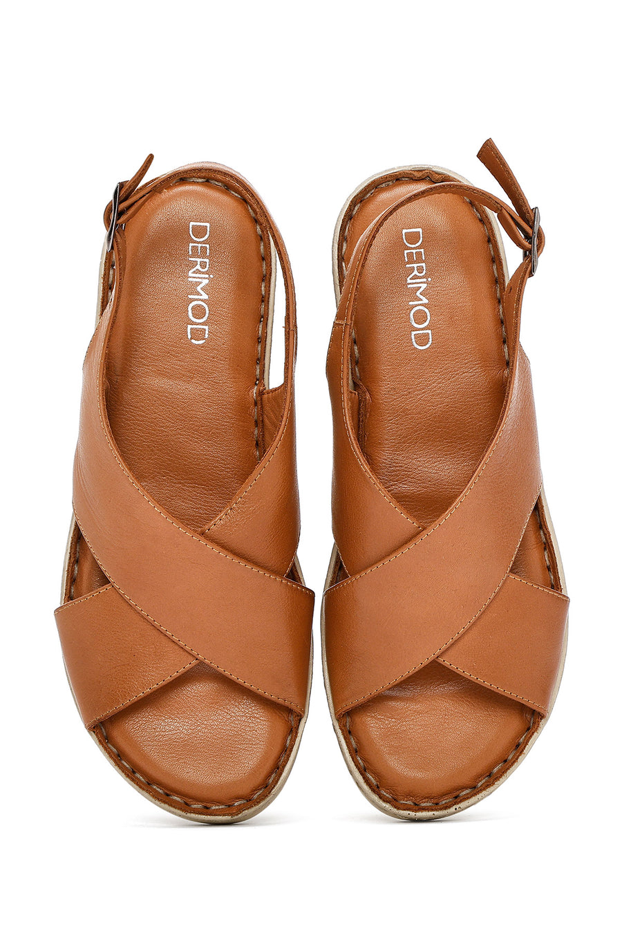 Women's Tan Buckled Leather Comfort Sandal