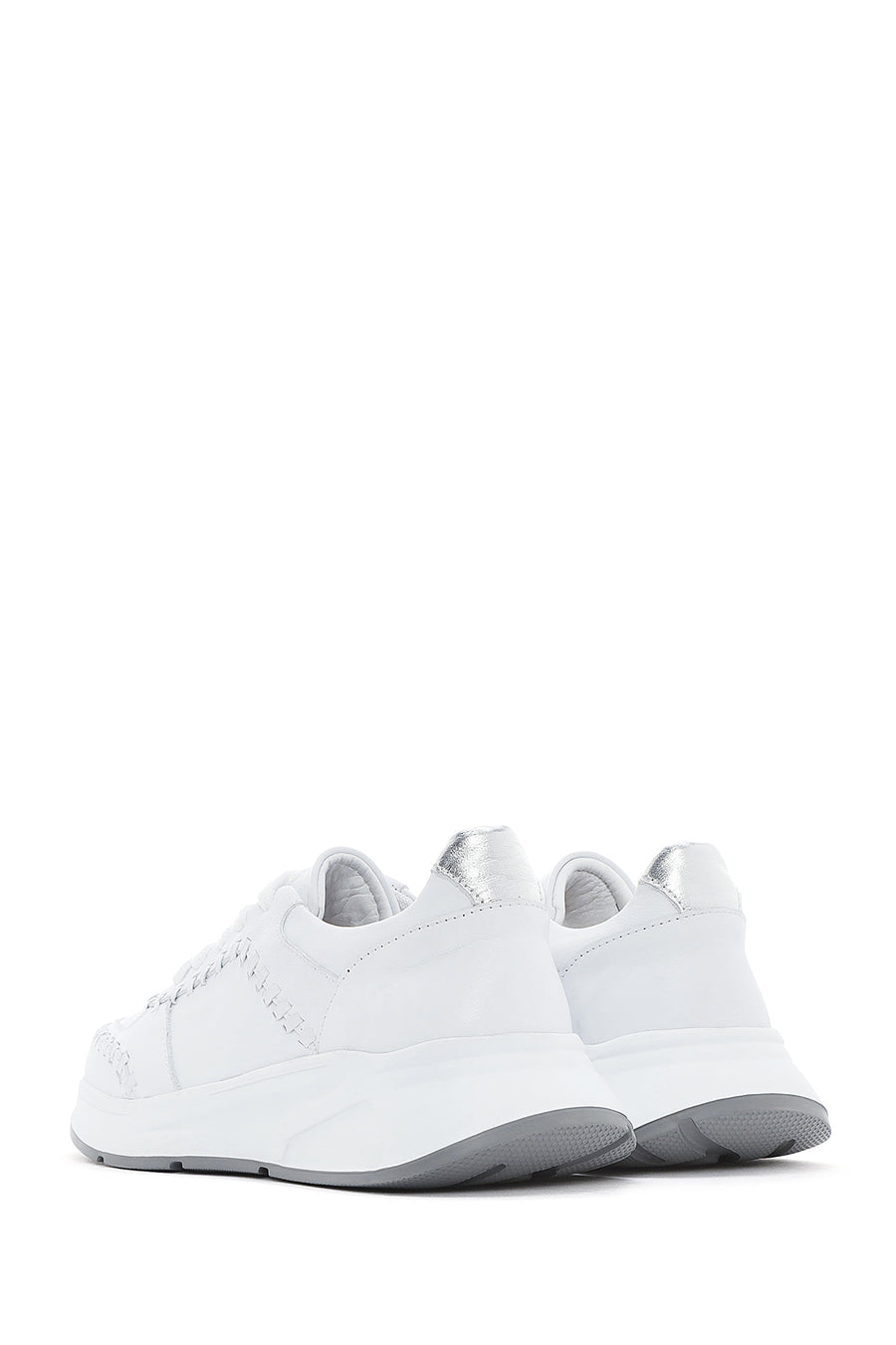 Women's White Lace-up Thick-Sole Leather Sneaker