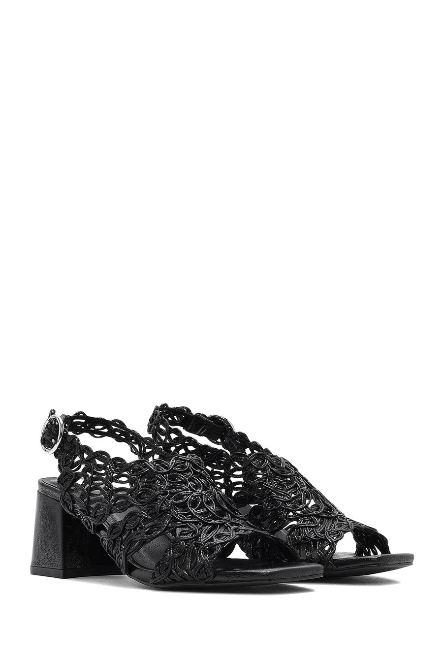 Women's Black Braided Metallic Chunky Low Heel Sandals