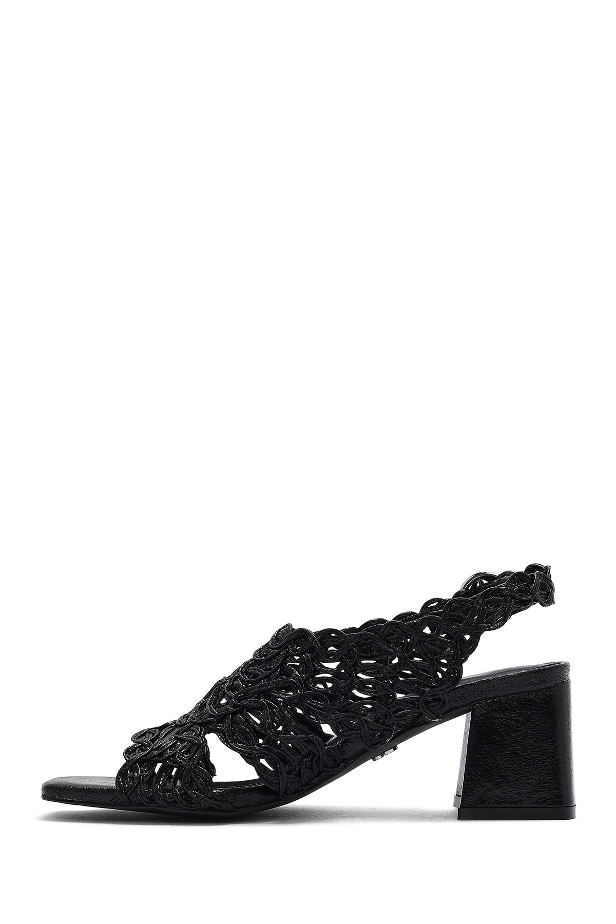 Kadın Siyah Örgülü Metalik Kalın Kısa Topuklu Sandalet