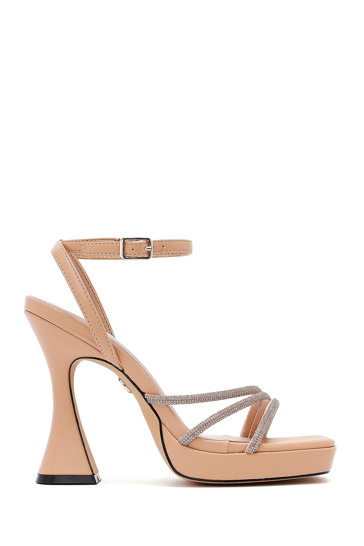 Kadın Bej Bilekten Bağlamalı Kalın Yüksek Topuklu Abiye Sandalet