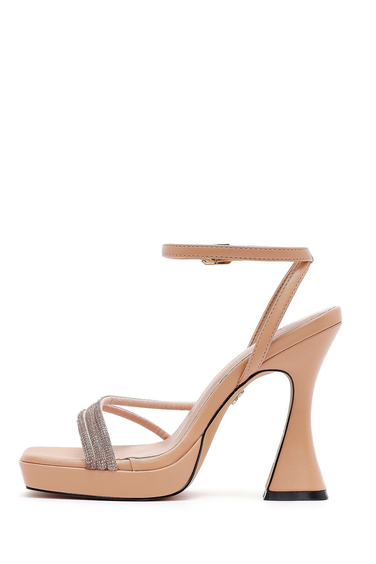 Kadın Bej Bilekten Bağlamalı Kalın Yüksek Topuklu Abiye Sandalet