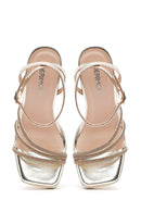 Kadın Altın Bilekten Bağlamalı Kalın Yüksek Topuklu Abiye Sandalet | Derimod