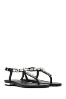 Women's Black Stone Toe-Post Sandals | Derimod