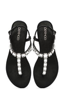 Women's Black Stone Toe-Post Sandals | Derimod