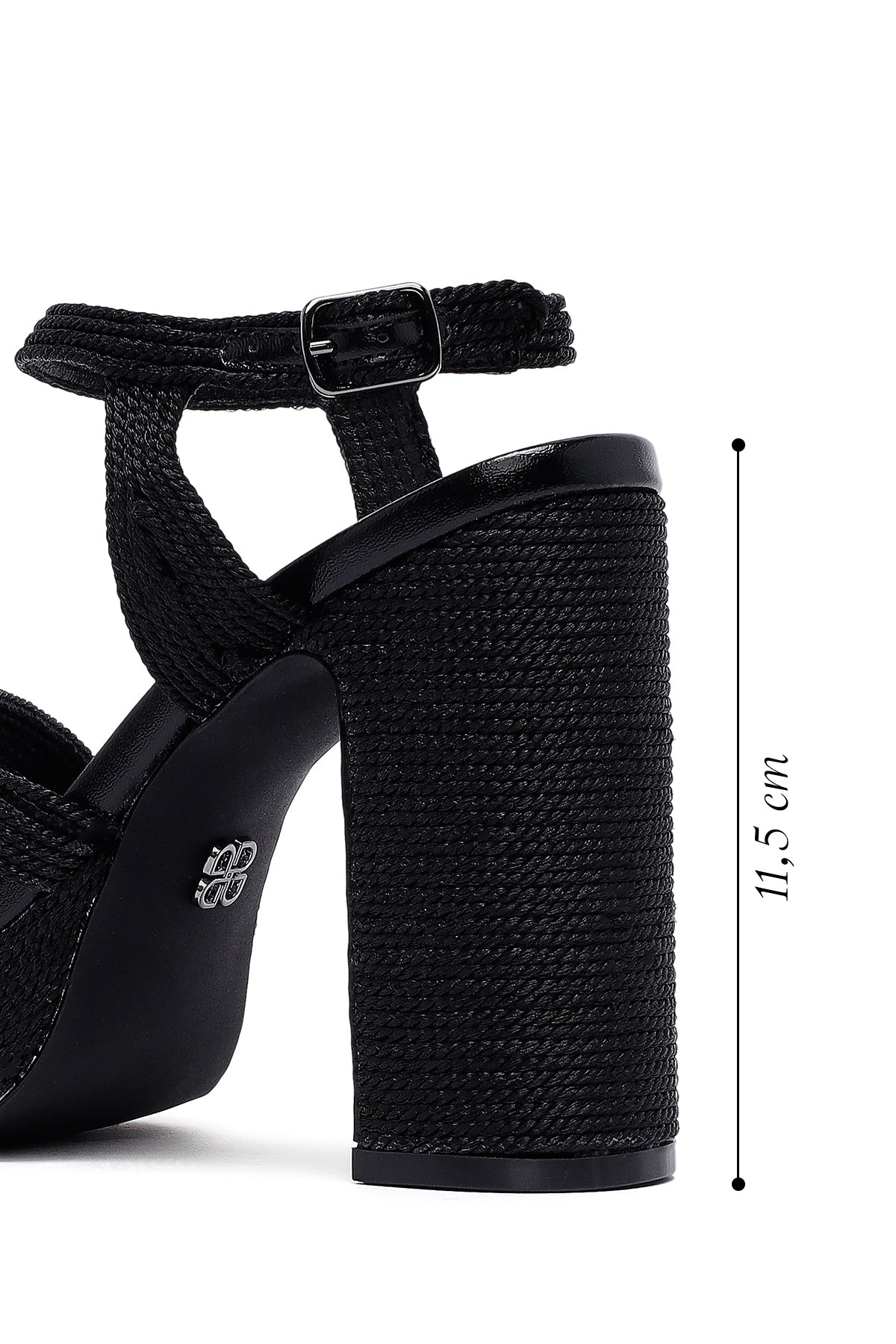 Kadın Siyah Bilekten Tokalı Yüksek Kalın Topuklu Platform Hasır Sandalet