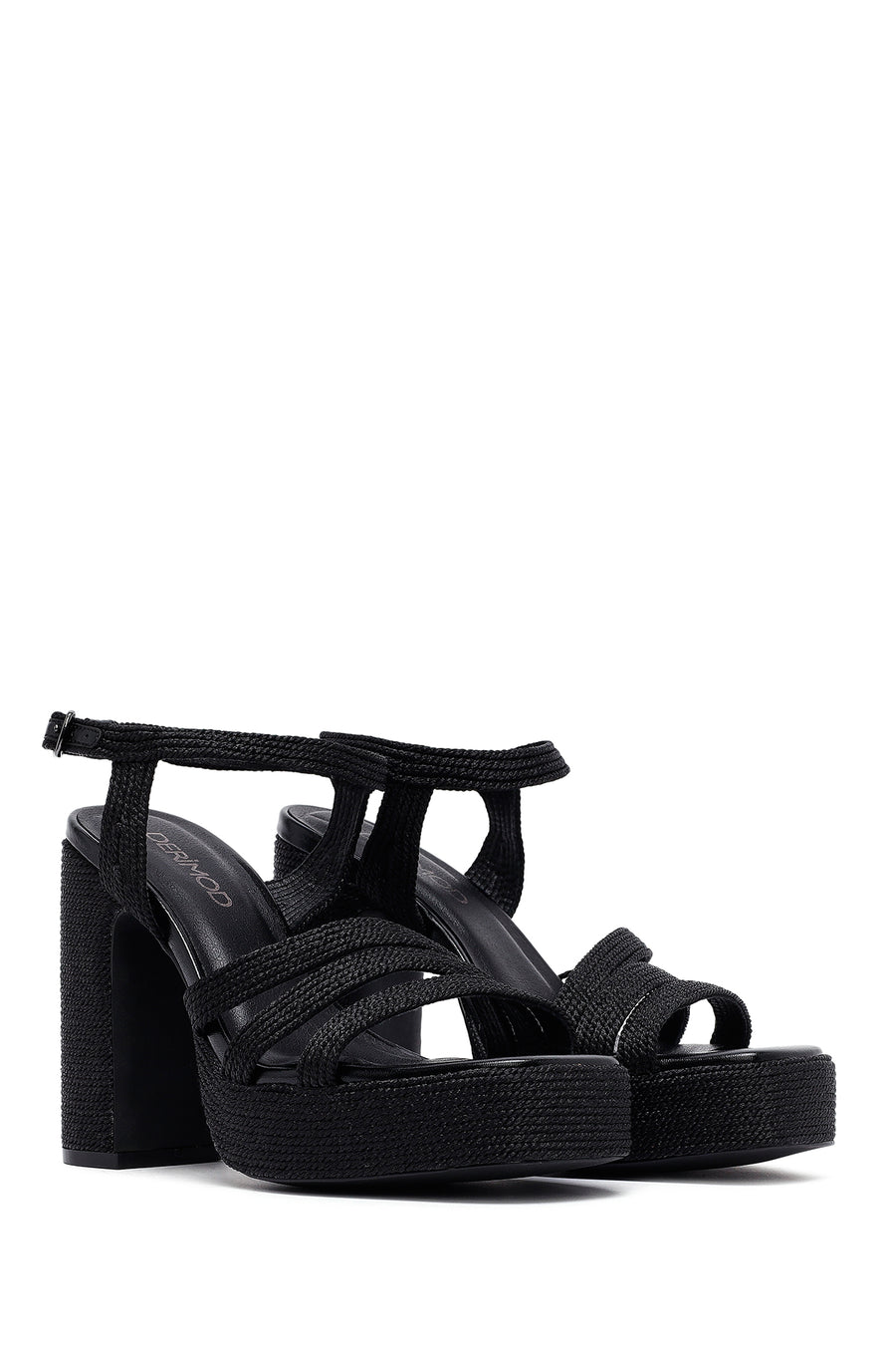 Woman Black Ankle Buckle High Thick Heel Platform Straw Sandals