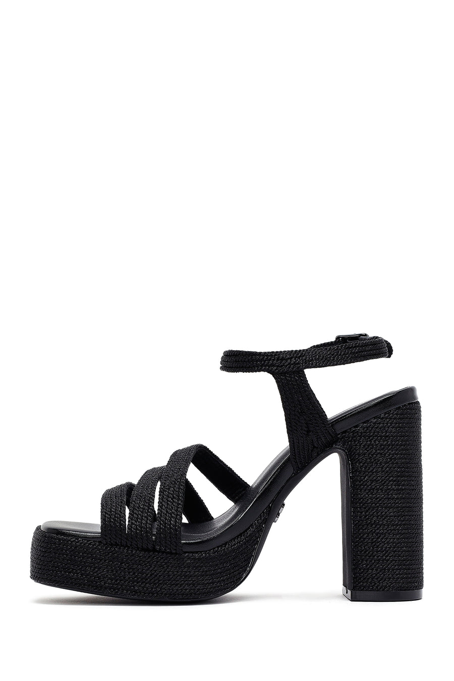 Woman Black Ankle Buckle High Thick Heel Platform Straw Sandals
