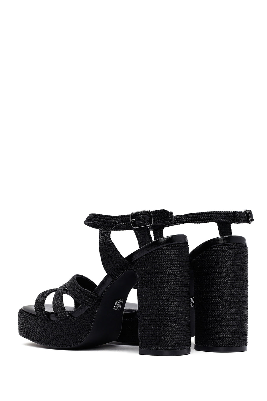 Woman Black Ankle Buckle High Thick Heel Platform Straw Sandals