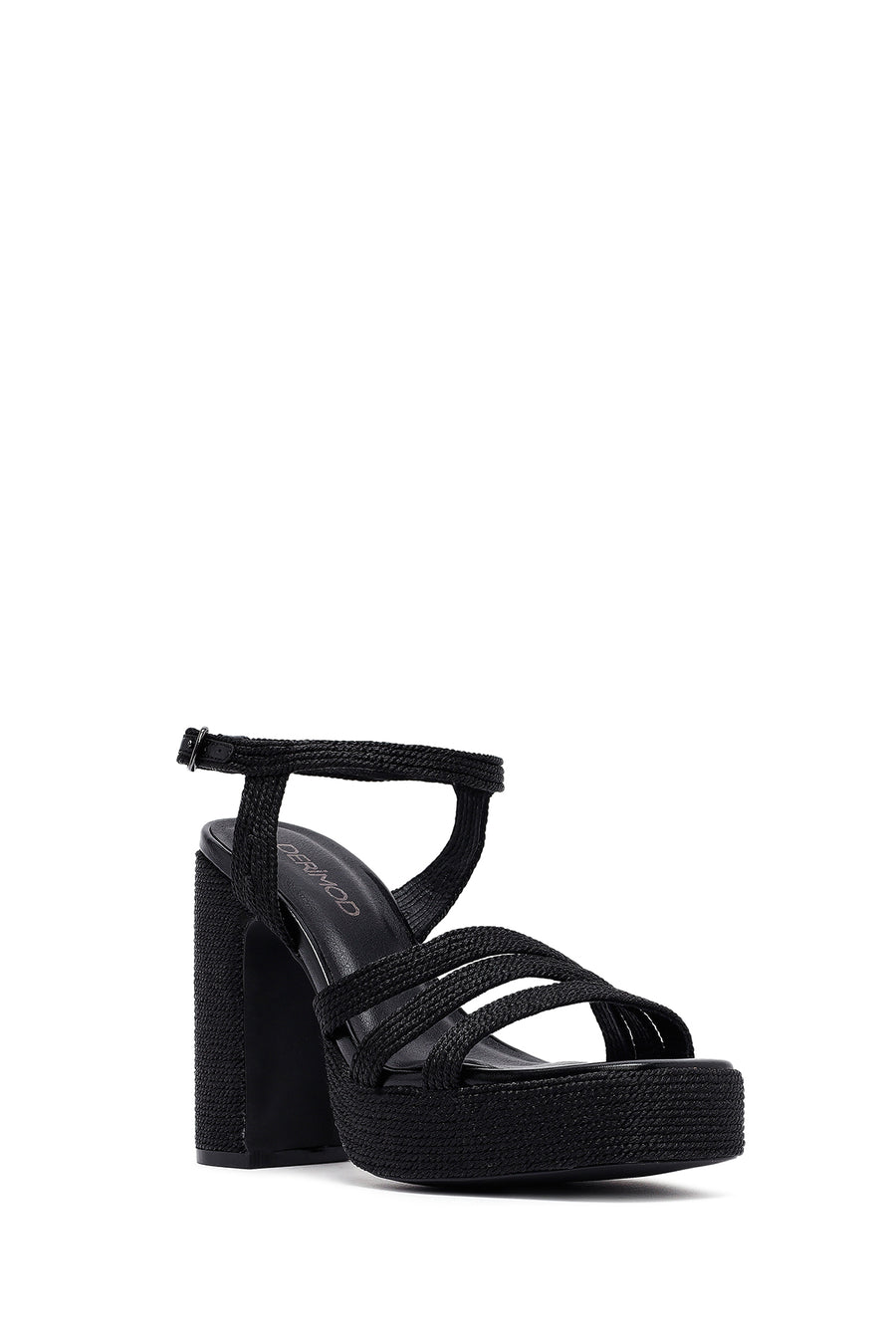 Woman Black Ankle Buckle High Thick Heel Platform Straw Sandals