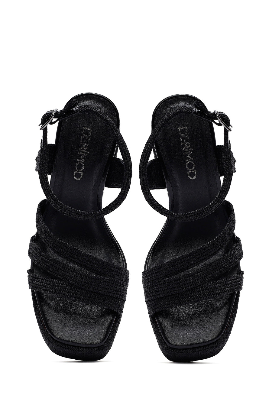 Woman Black Ankle Buckle High Thick Heel Platform Straw Sandals