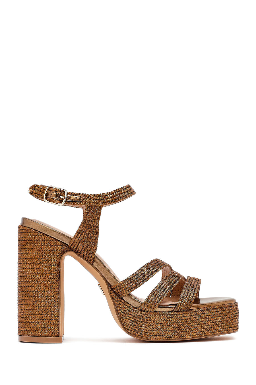Woman High Thick Heel Platform Straw Sandals with Bronze Ankle Buckle 25SFD4433M7 | Derimod