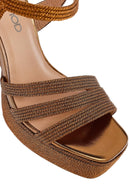 Woman High Thick Heel Platform Straw Sandals with Bronze Ankle Buckle | Derimod