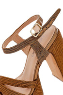 Woman High Thick Heel Platform Straw Sandals with Bronze Ankle Buckle | Derimod