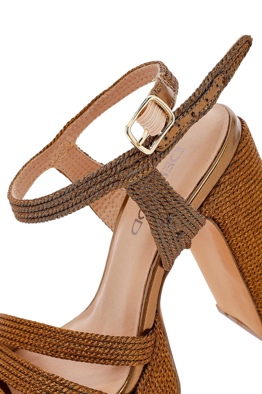 Woman High Thick Heel Platform Straw Sandals with Bronze Ankle Buckle