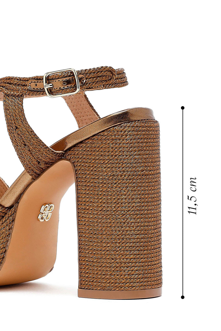Woman High Thick Heel Platform Straw Sandals with Bronze Ankle Buckle