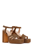 Woman High Thick Heel Platform Straw Sandals with Bronze Ankle Buckle | Derimod