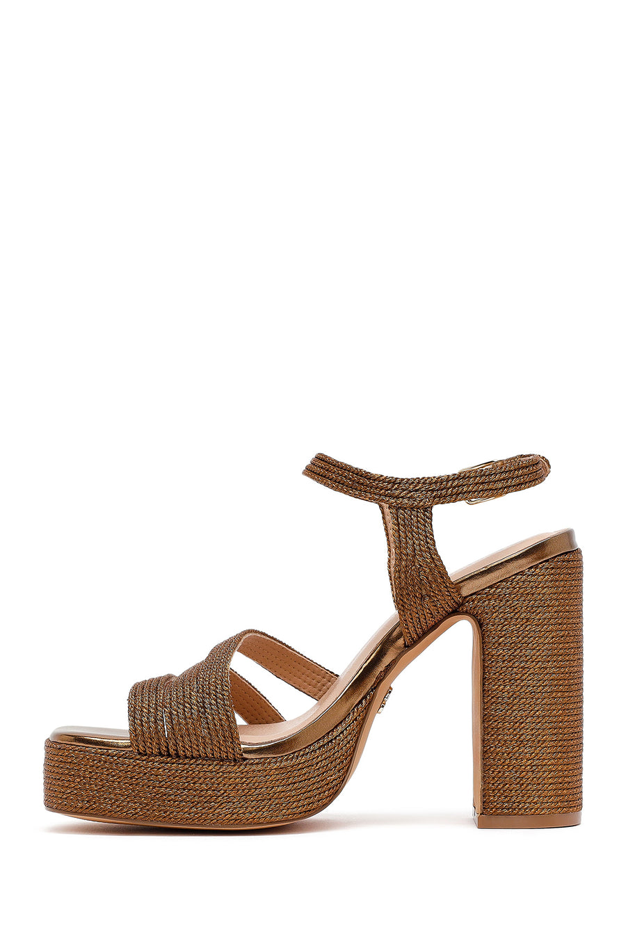 Woman High Thick Heel Platform Straw Sandals with Bronze Ankle Buckle