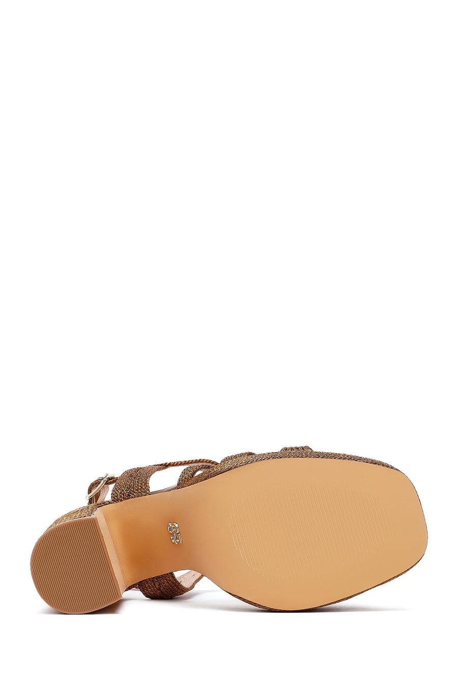 Woman High Thick Heel Platform Straw Sandals with Bronze Ankle Buckle