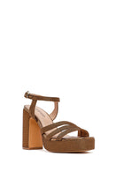 Woman High Thick Heel Platform Straw Sandals with Bronze Ankle Buckle | Derimod