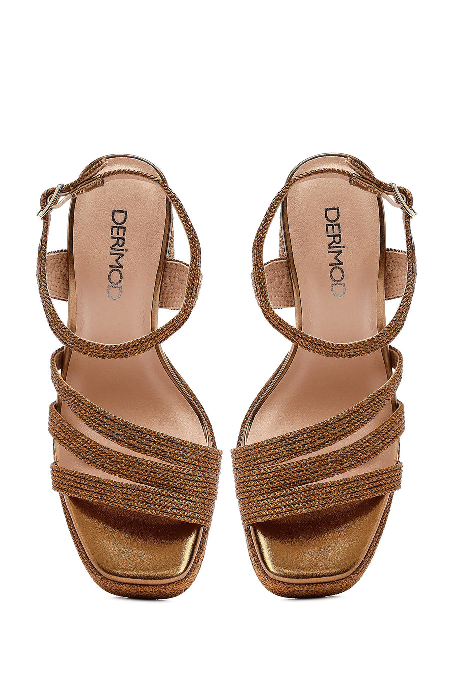 Woman High Thick Heel Platform Straw Sandals with Bronze Ankle Buckle