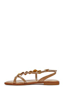 Women's Brown Stoned Flip-Flop Leather Sandals | Derimod