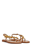Women's Brown Stoned Flip-Flop Leather Sandals | Derimod