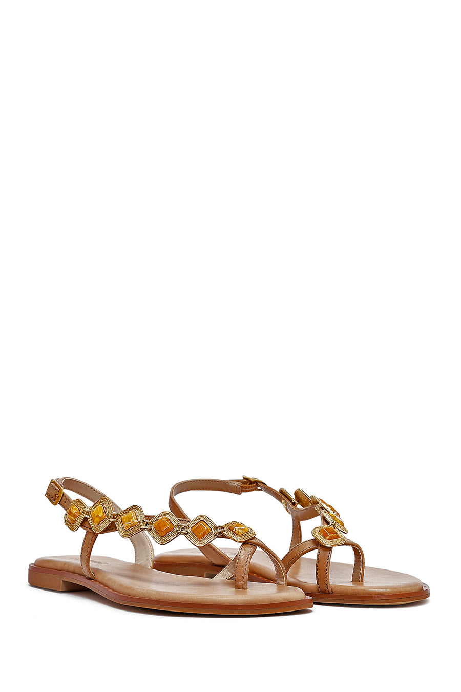 Women's Brown Stoned Flip-Flop Leather Sandals